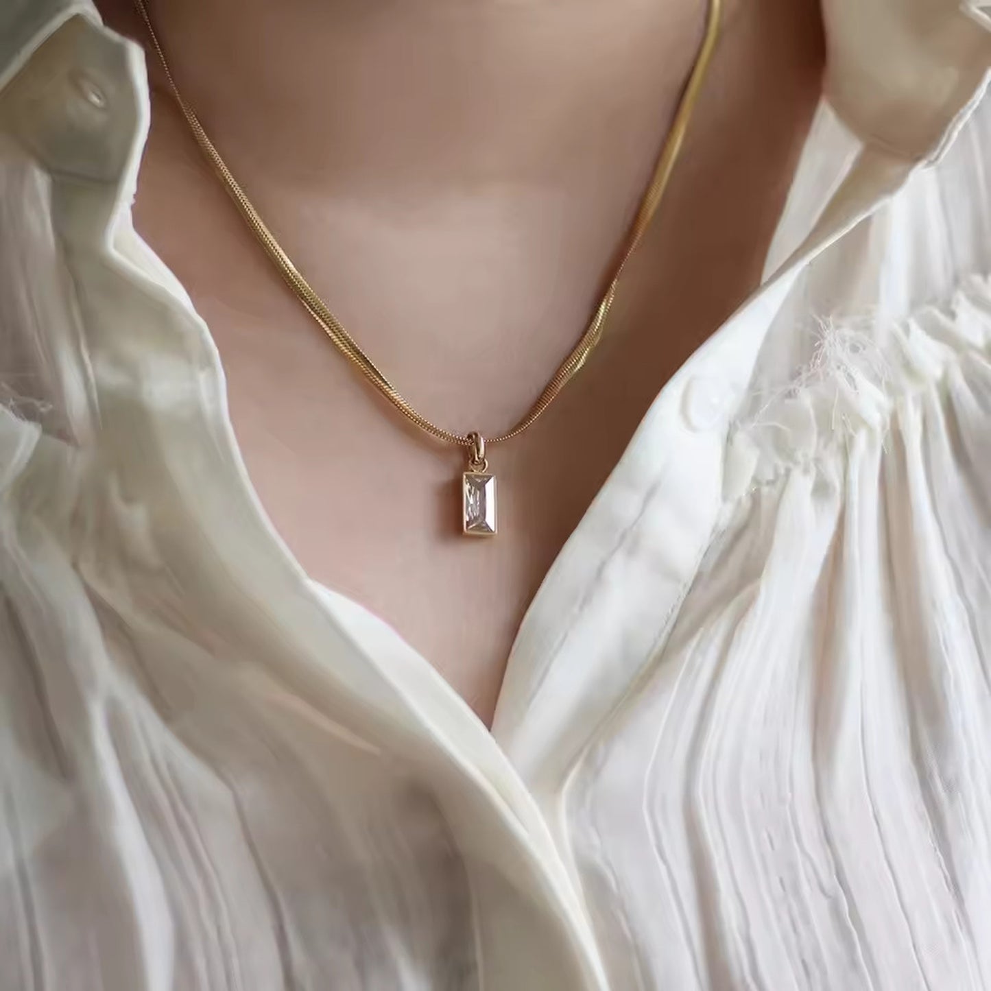 White Emerald Gold Pendant Necklace with Snake Chain